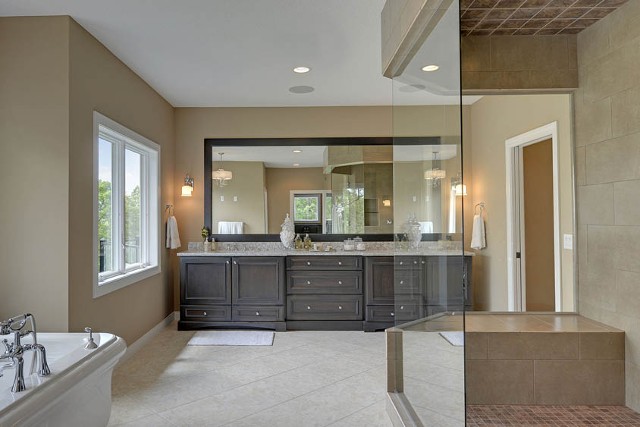 Bathroom Remodel, Warm Wood, Glass Shower